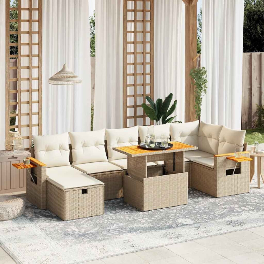 vidaXL 8-delige Loungeset met kussens poly rattan beige afbeelding 1