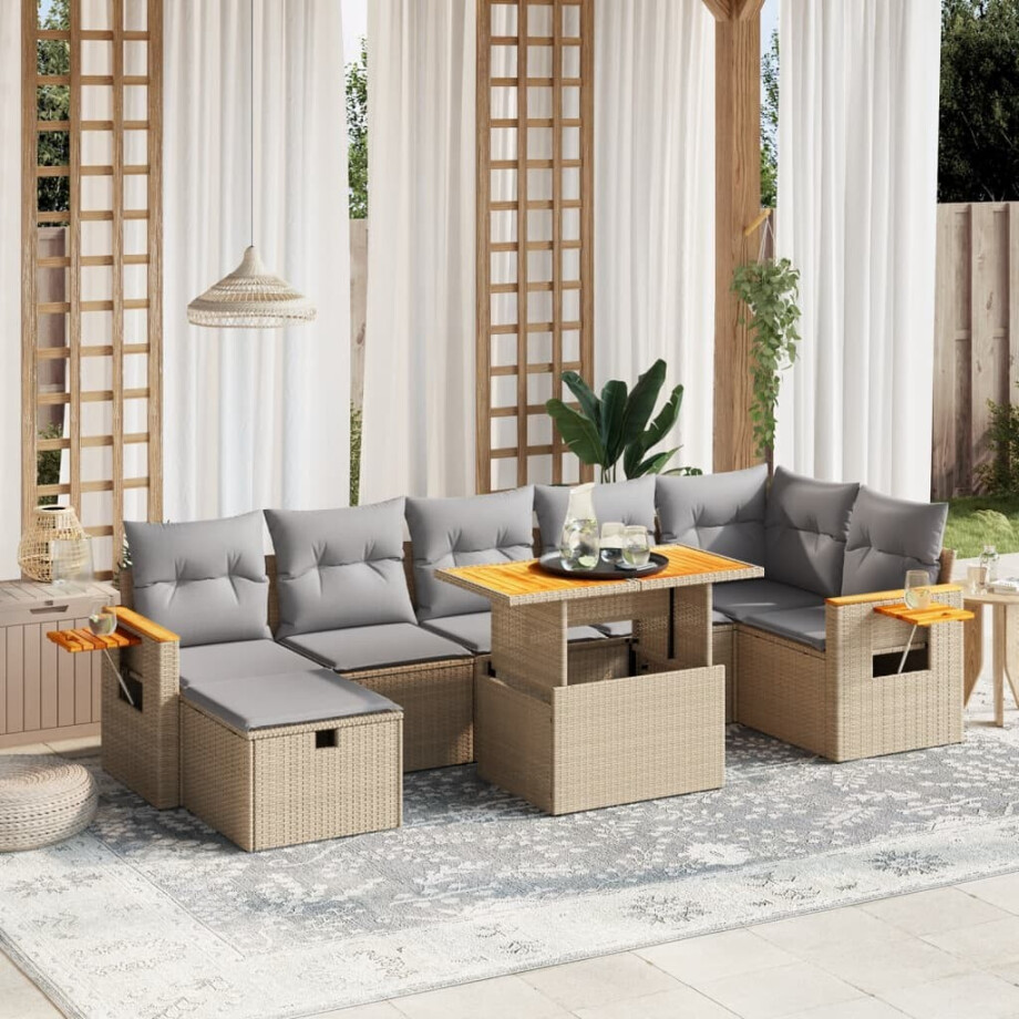 vidaXL 8-delige Loungeset met kussens poly rattan beige afbeelding 1