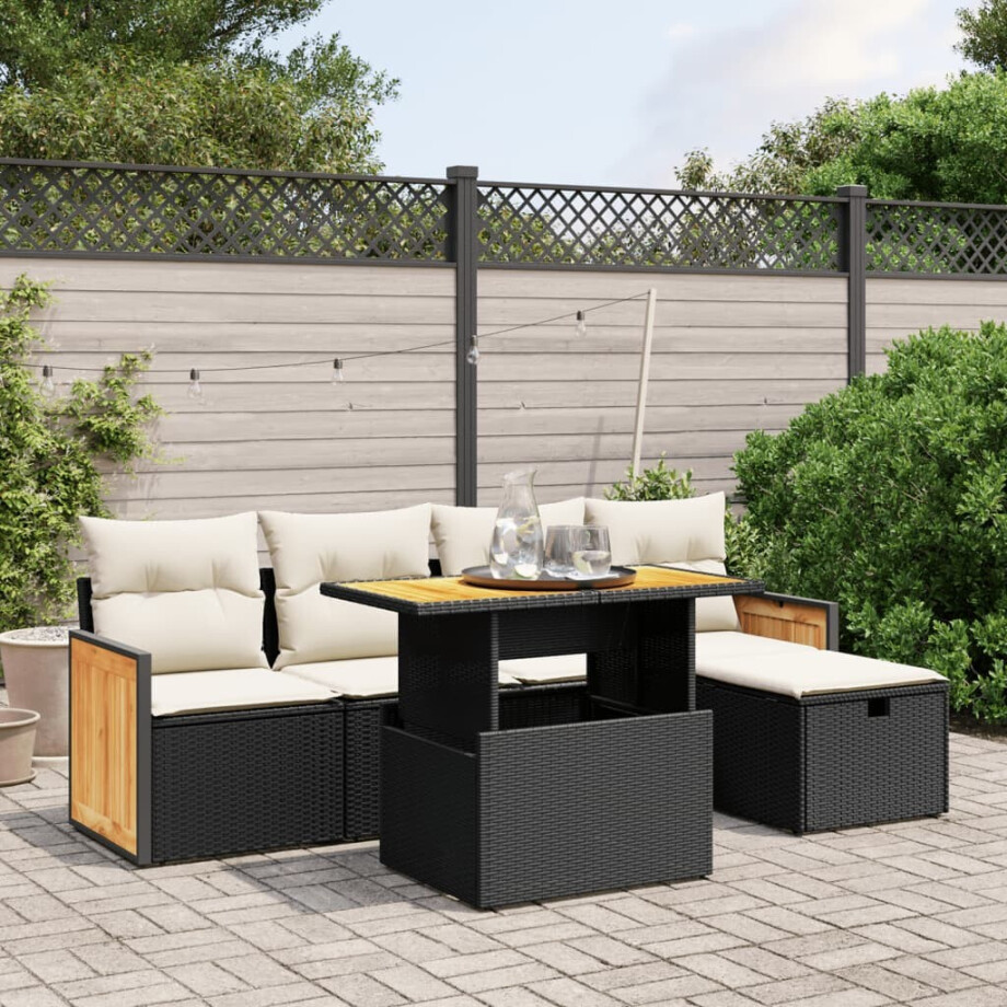 vidaXL 6-delige Loungeset met kussens poly rattan zwart afbeelding 1