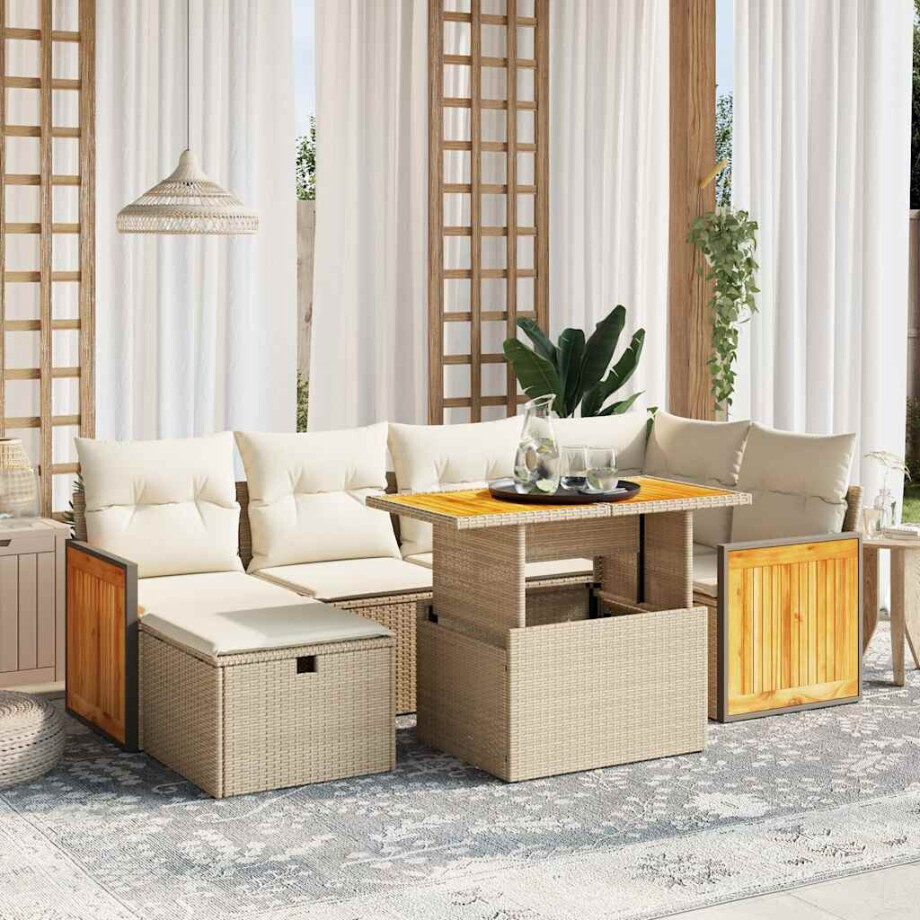 vidaXL 7-delige Loungeset met kussens poly rattan beige afbeelding 1