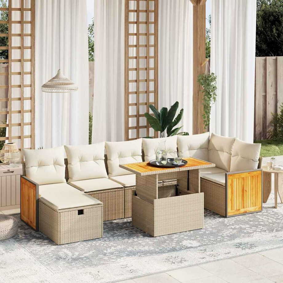 vidaXL 8-delige Loungeset met kussens poly rattan beige afbeelding 1