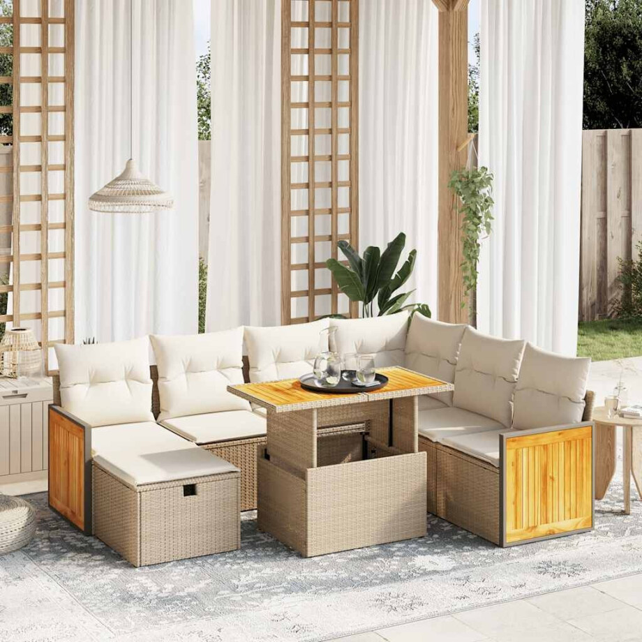 vidaXL 8-delige Loungeset met kussens poly rattan beige afbeelding 1