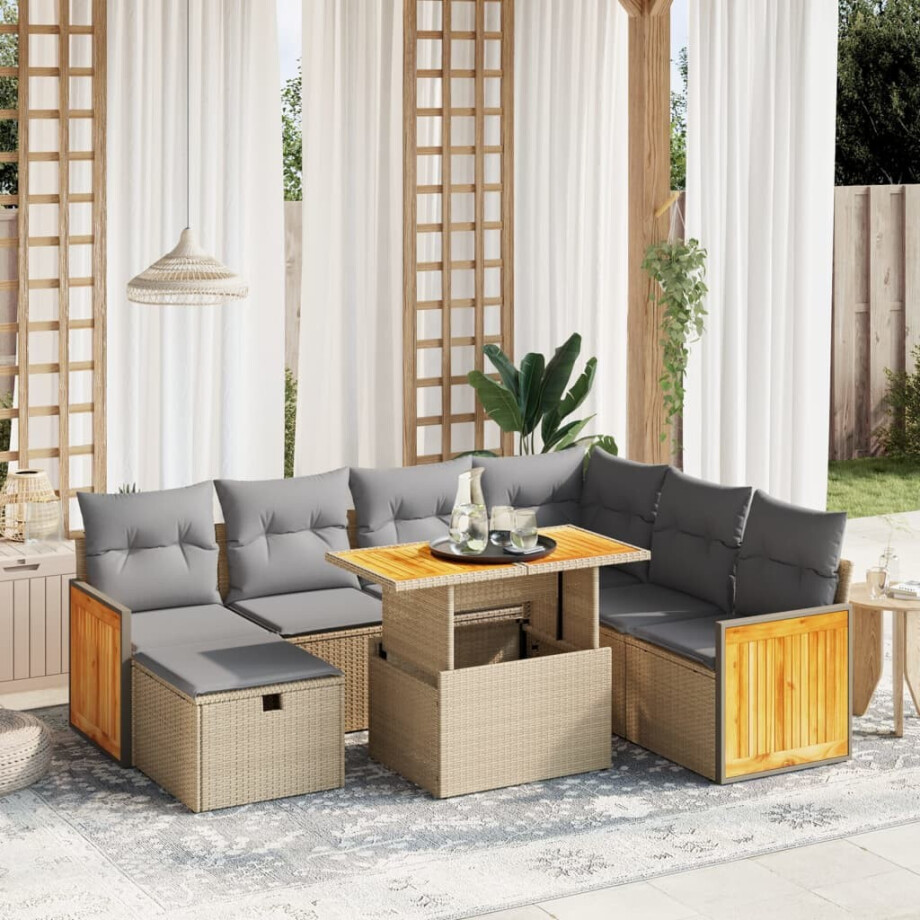 vidaXL 8-delige Loungeset met kussens poly rattan beige afbeelding 1