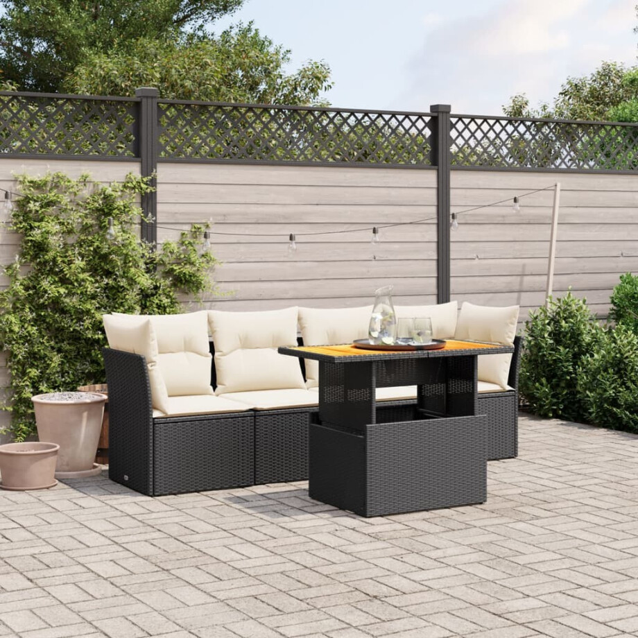 vidaXL 5-delige Loungeset met kussens poly rattan zwart vidaXL 5-delige Loungeset met kussens poly rattan zwart afbeelding 1