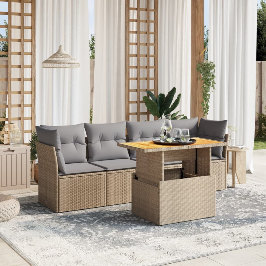 vidaXL 5-delige Loungeset met kussens poly rattan beige afbeelding 1