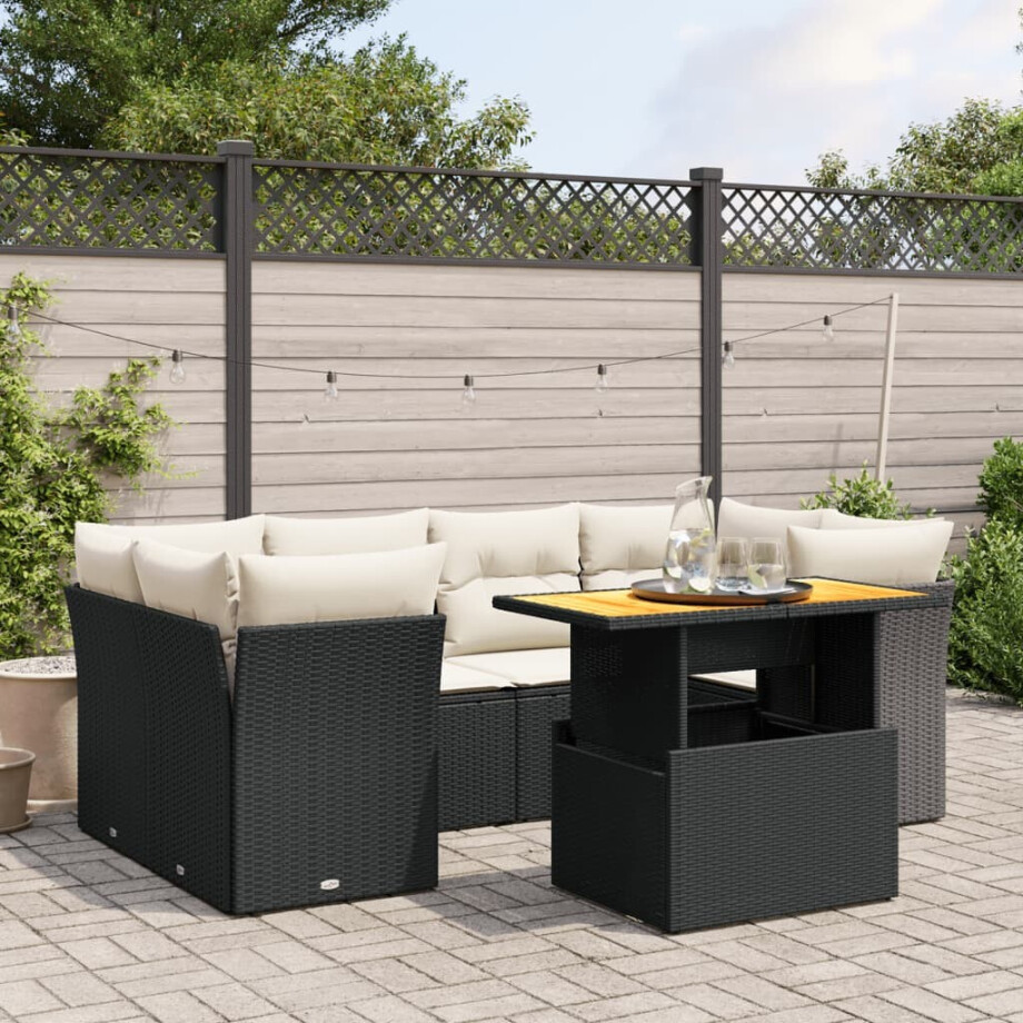 vidaXL 7-delige Loungeset met kussens poly rattan zwart afbeelding 1