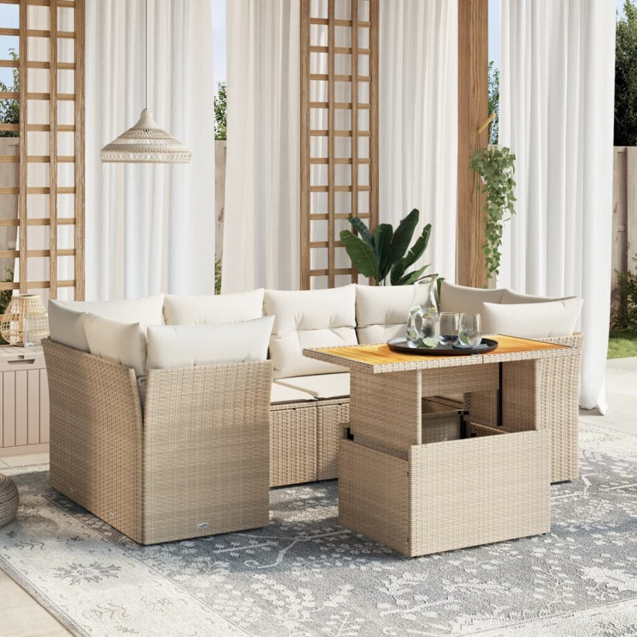 vidaXL 7-delige Loungeset met kussens poly rattan beige afbeelding 1