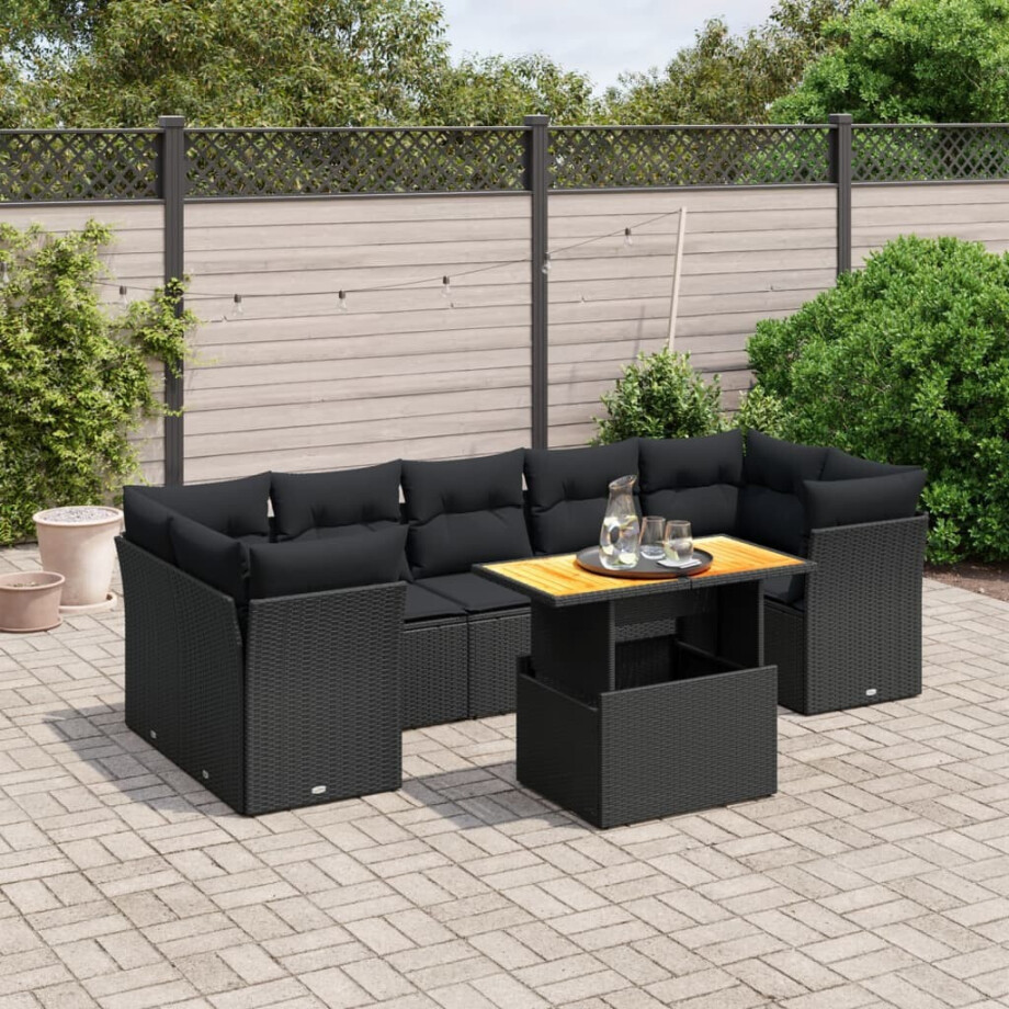 vidaXL 8-delige Loungeset met kussens poly rattan zwart afbeelding 1