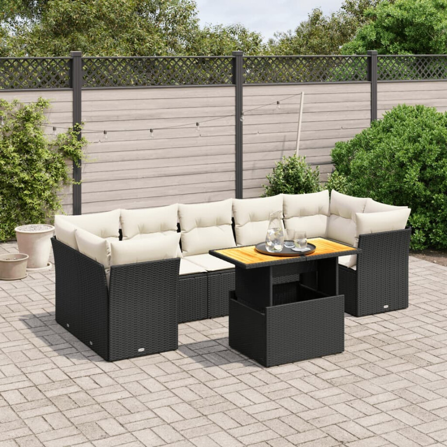 vidaXL 8-delige Loungeset met kussens poly rattan zwart afbeelding 1