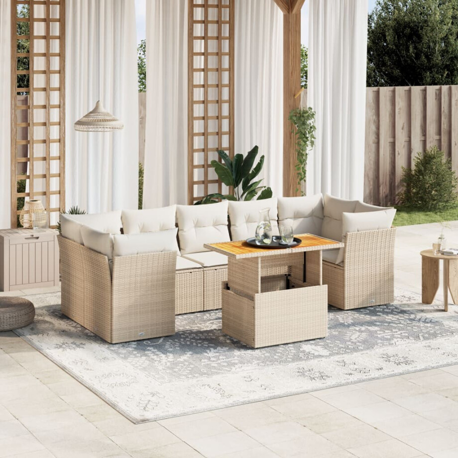vidaXL 8-delige Loungeset met kussens poly rattan beige afbeelding 1