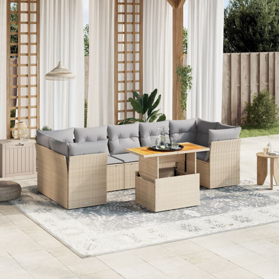 vidaXL 8-delige Loungeset met kussens poly rattan beige afbeelding 1