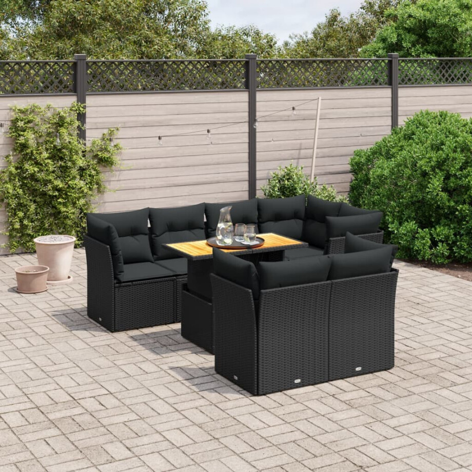 vidaXL 8-delige Loungeset met kussens poly rattan zwart afbeelding 1
