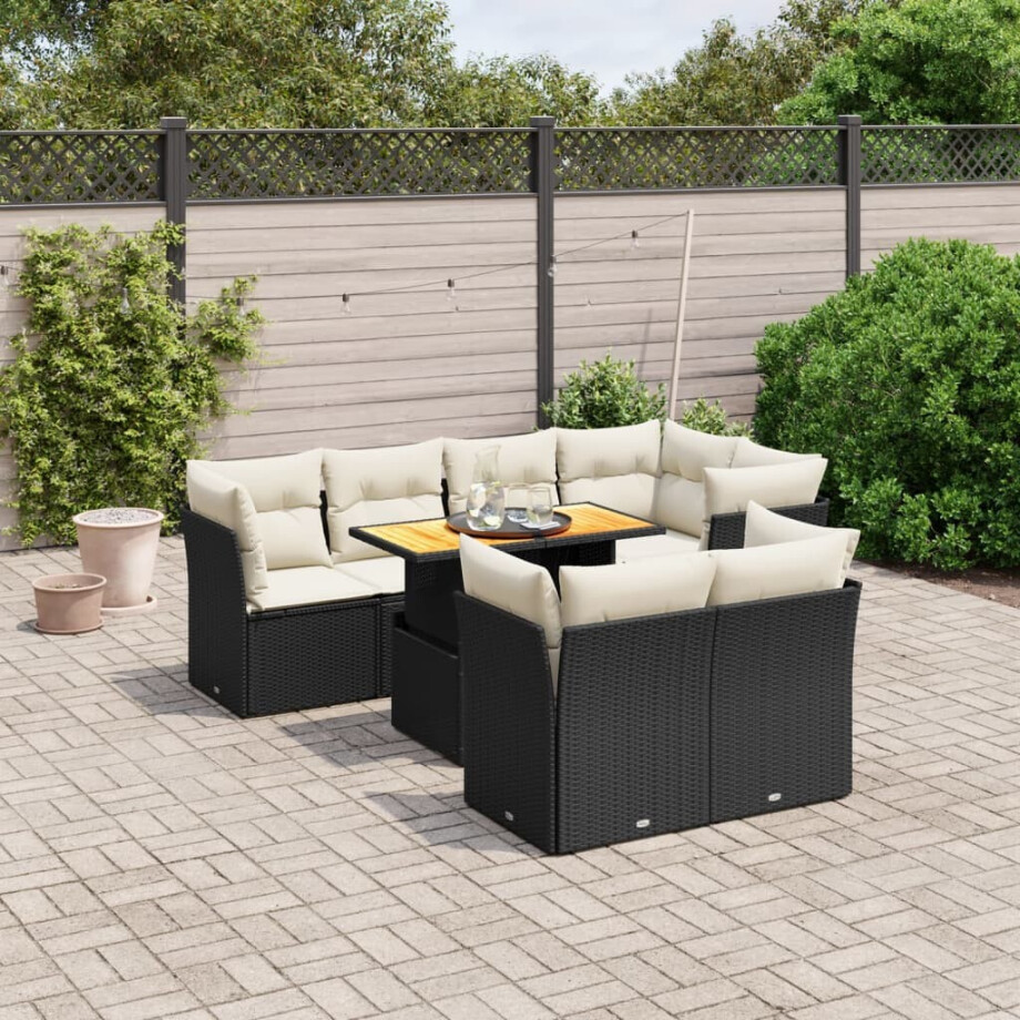 vidaXL 8-delige Loungeset met kussens poly rattan zwart afbeelding 1