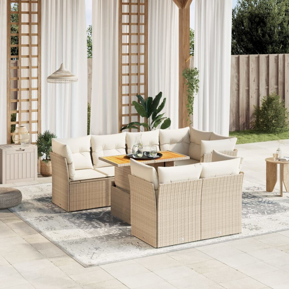 vidaXL 8-delige Loungeset met kussens poly rattan beige afbeelding 1
