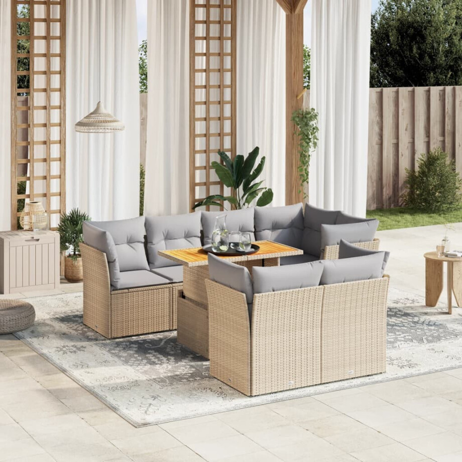 vidaXL 8-delige Loungeset met kussens poly rattan beige afbeelding 1