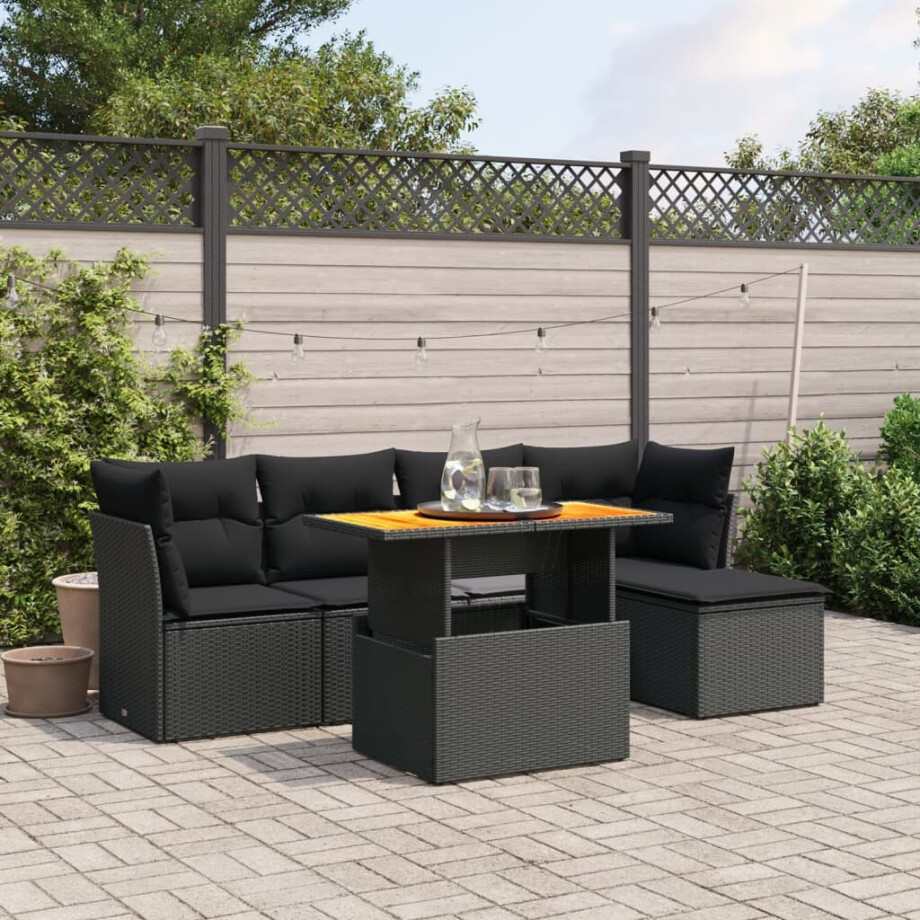 vidaXL 6-delige Loungeset met kussens poly rattan zwart afbeelding 1