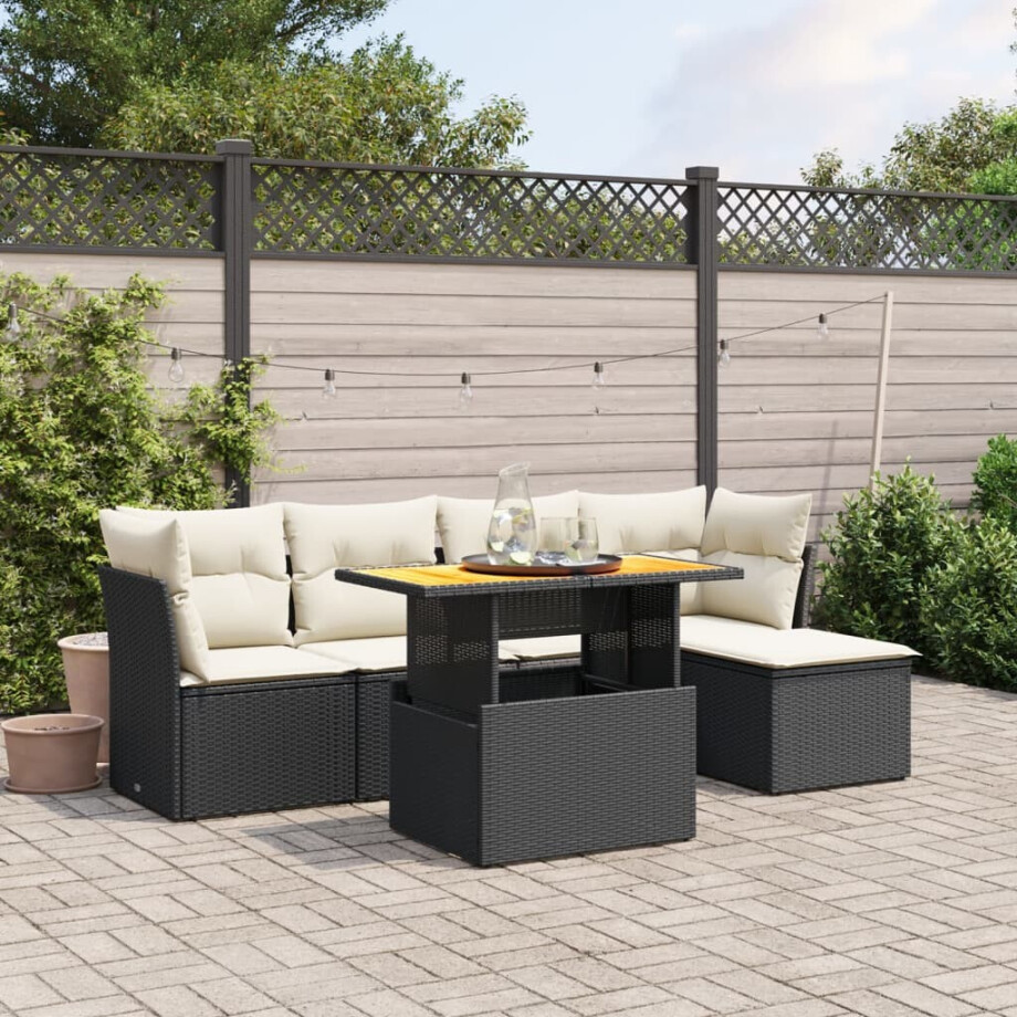 vidaXL 6-delige Loungeset met kussens poly rattan zwart afbeelding 1