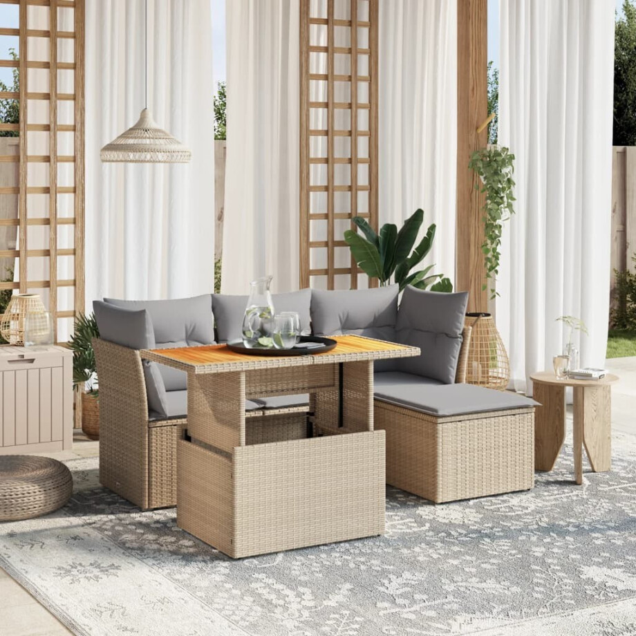 vidaXL 6-delige Loungeset met kussens poly rattan beige afbeelding 1