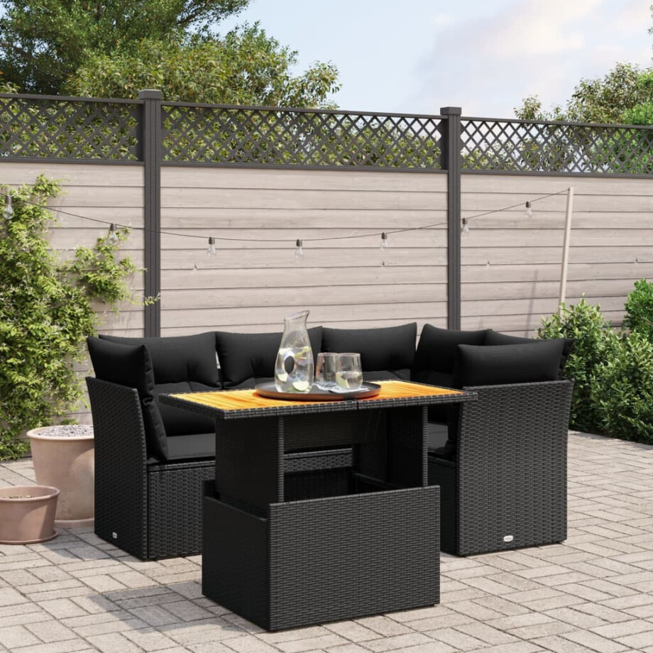 vidaXL 5-delige Loungeset met kussens poly rattan zwart afbeelding 1