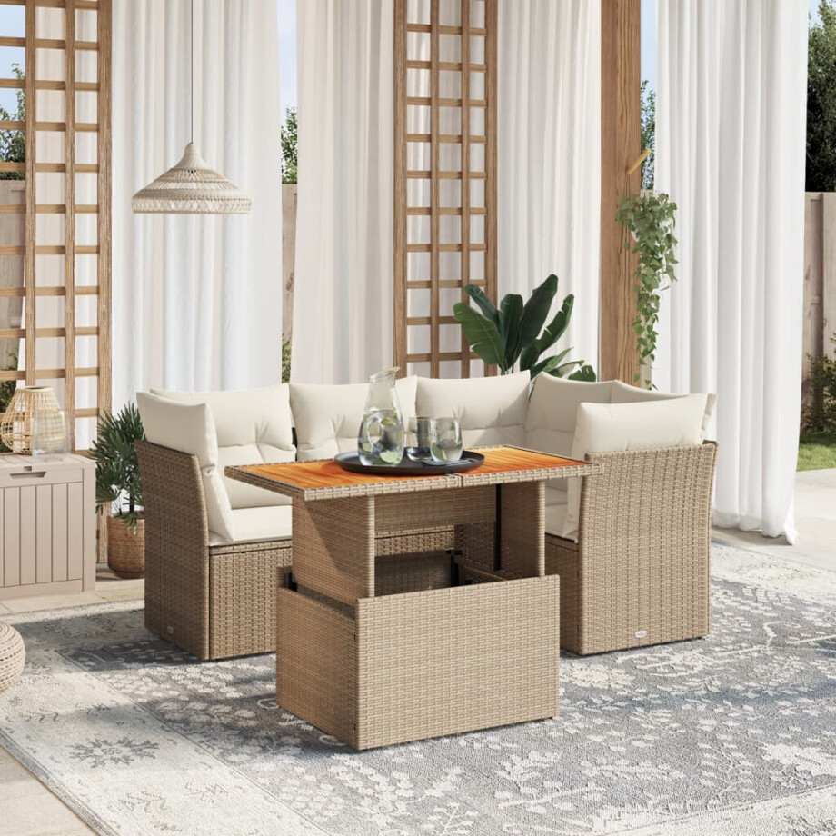 vidaXL 5-delige Loungeset met kussens poly rattan beige afbeelding 1