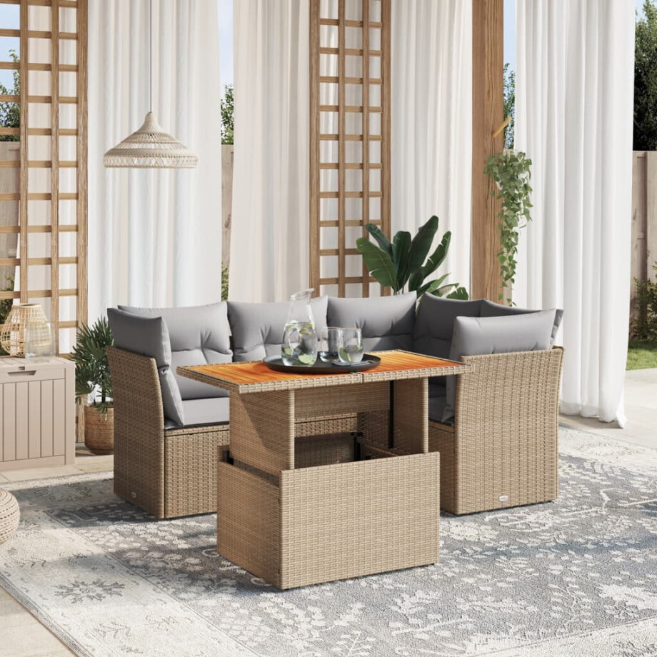 vidaXL 5-delige Loungeset met kussens poly rattan beige afbeelding 1