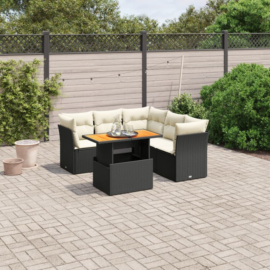 vidaXL 5-delige Loungeset met kussens poly rattan zwart vidaXL 5-delige Loungeset met kussens poly rattan zwart afbeelding 1