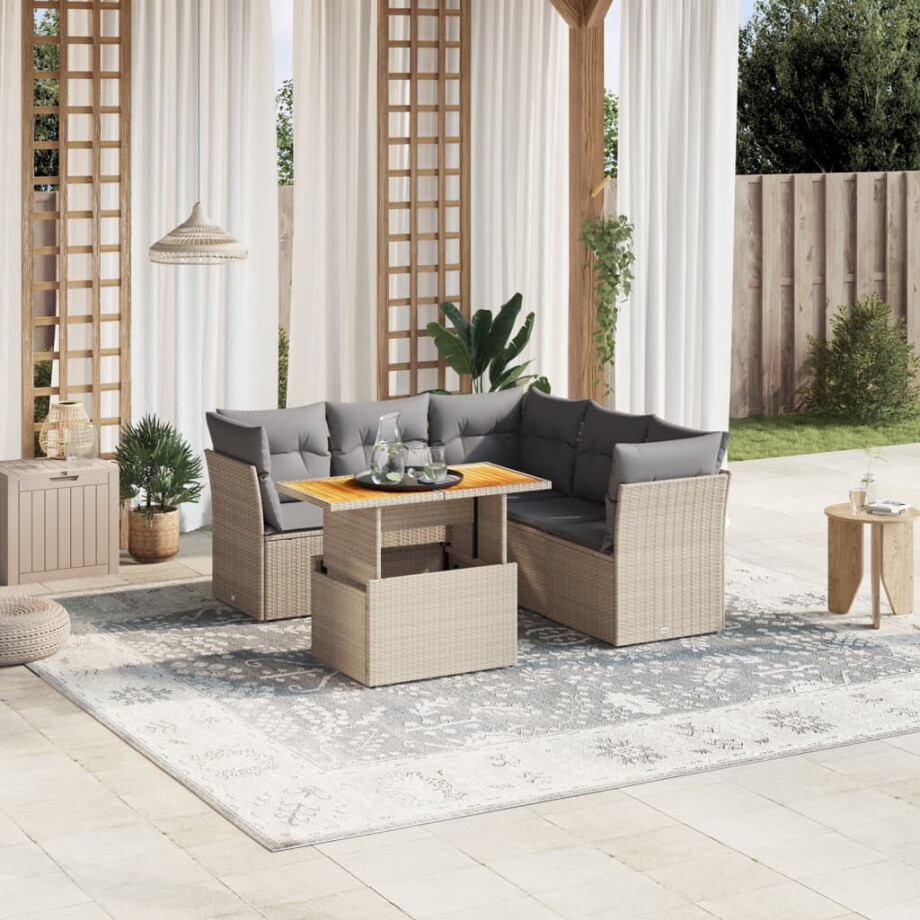 vidaXL 5-delige Loungeset met kussens poly rattan beige afbeelding 1