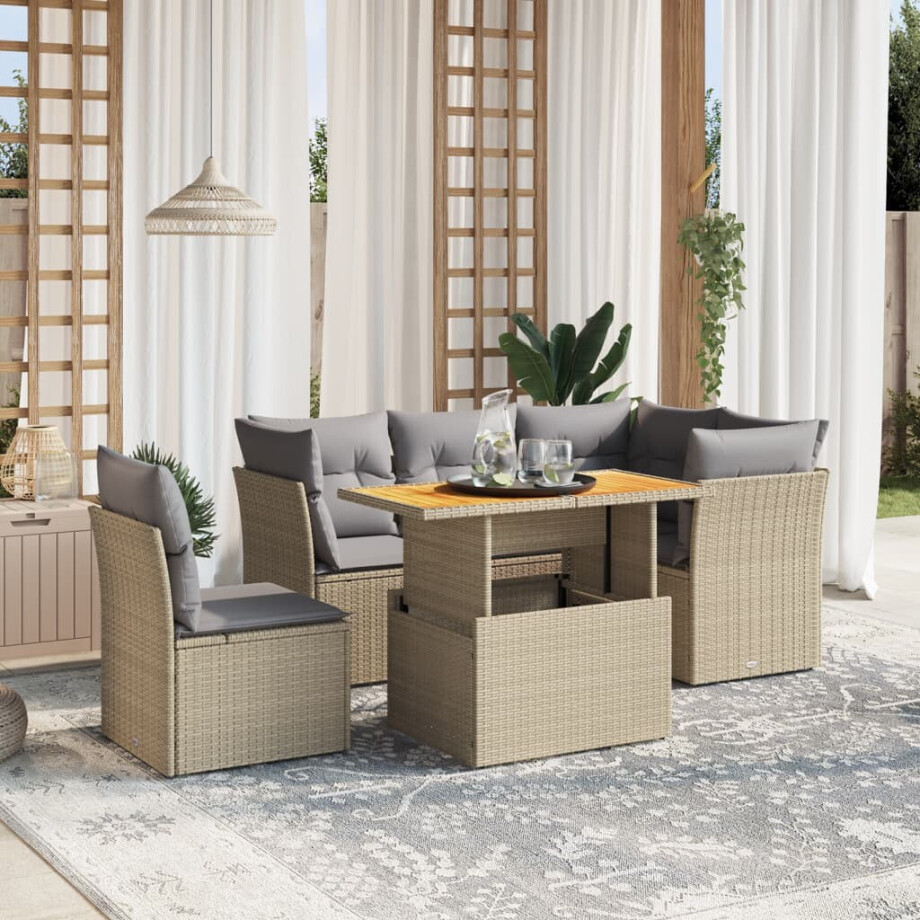 vidaXL 5-delige Loungeset met kussens poly rattan beige afbeelding 1