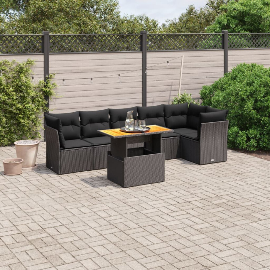 vidaXL 7-delige Loungeset met kussens poly rattan zwart afbeelding 1