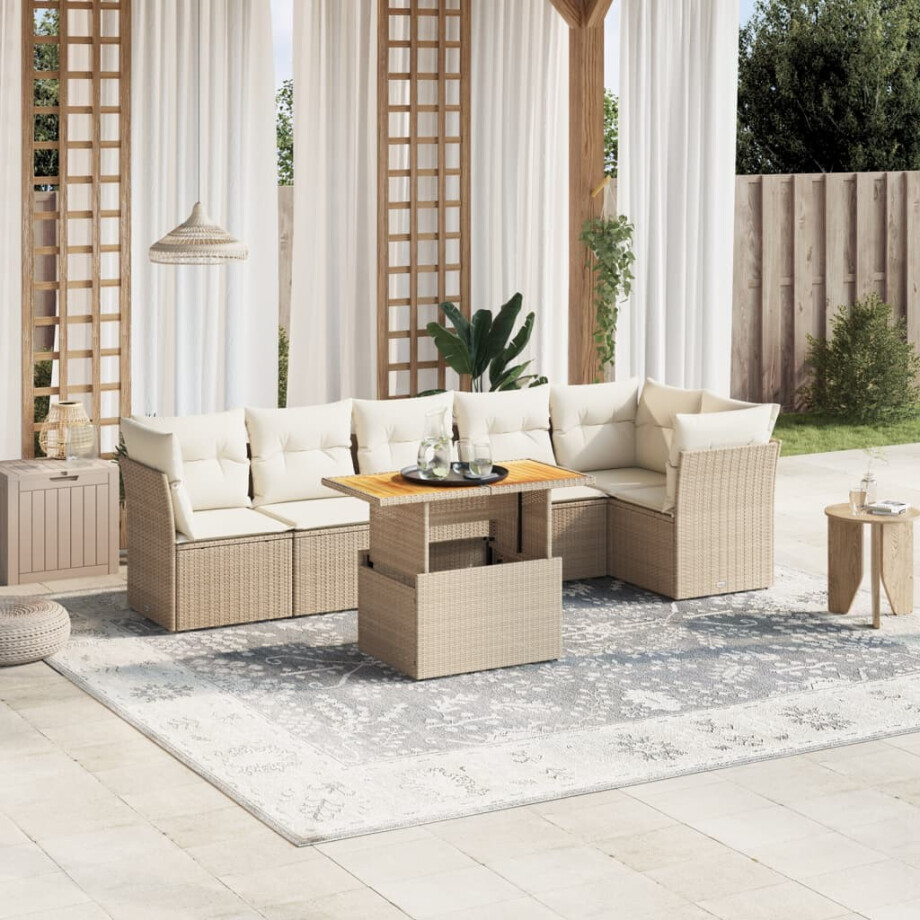 vidaXL 7-delige Loungeset met kussens poly rattan beige afbeelding 1