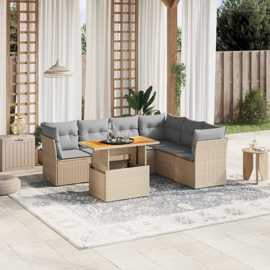 vidaXL 7-delige Loungeset met kussens poly rattan beige afbeelding 1