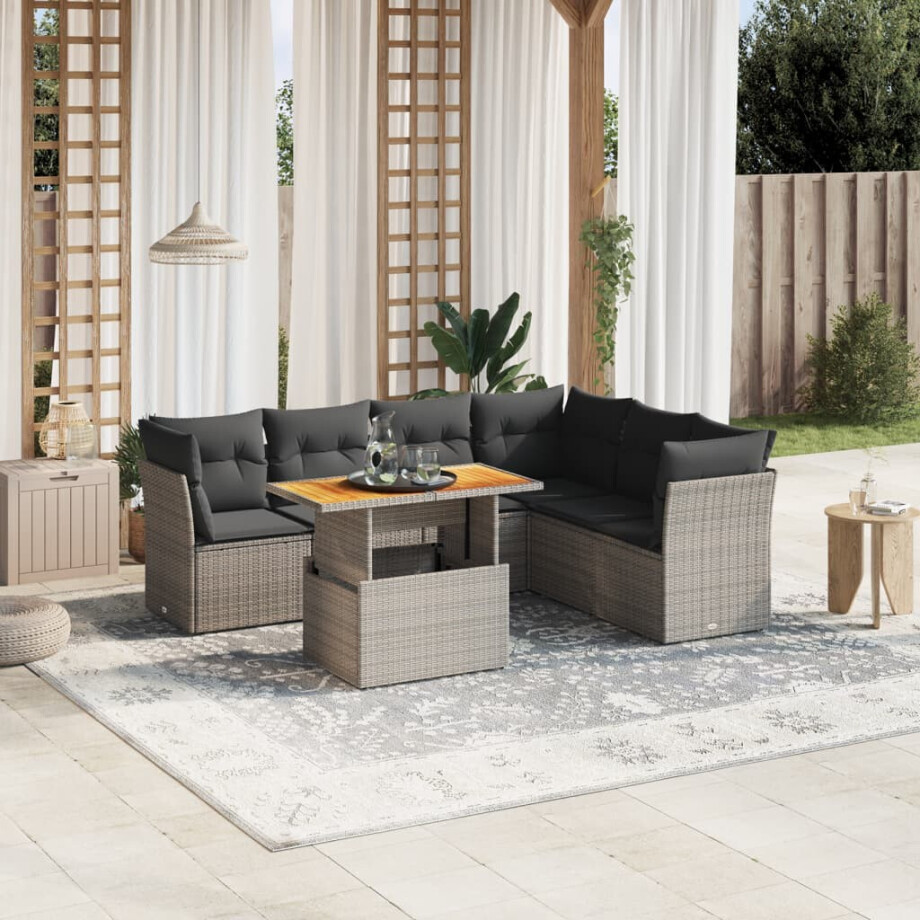 vidaXL 7-delige Loungeset met kussens poly rattan grijs afbeelding 1