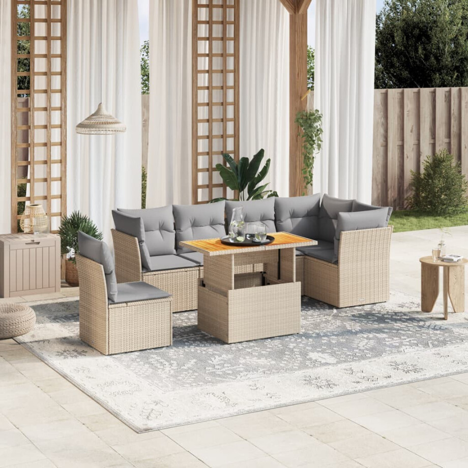 vidaXL 7-delige Loungeset met kussens poly rattan beige afbeelding 1