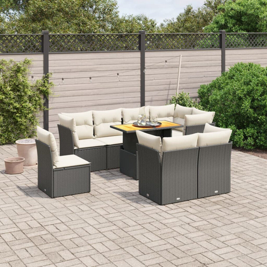vidaXL 9-delige Loungeset met kussens poly rattan zwart afbeelding 1