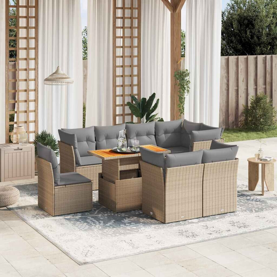 vidaXL 9-delige Loungeset met kussens poly rattan beige afbeelding 1