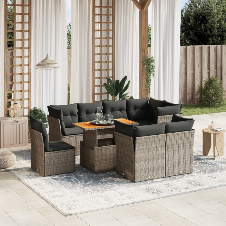 vidaXL 9-delige Loungeset met kussens poly rattan grijs afbeelding 1