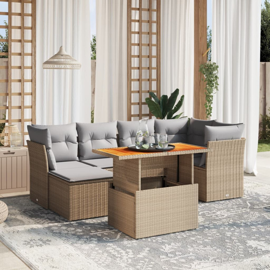 vidaXL 7-delige Loungeset met kussens poly rattan beige afbeelding 1