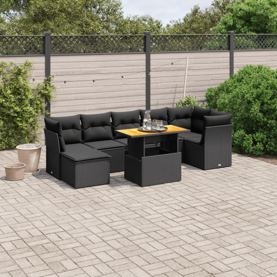 vidaXL 8-delige Loungeset met kussens poly rattan zwart afbeelding 1