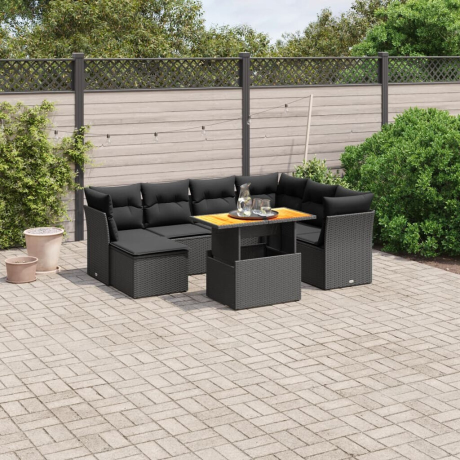 vidaXL 8-delige Loungeset met kussens poly rattan zwart afbeelding 1