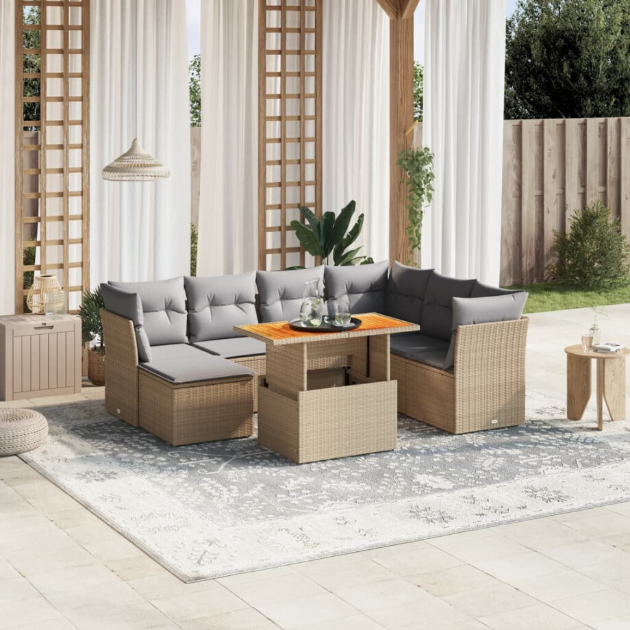 vidaXL 8-delige Loungeset met kussens poly rattan beige afbeelding 1