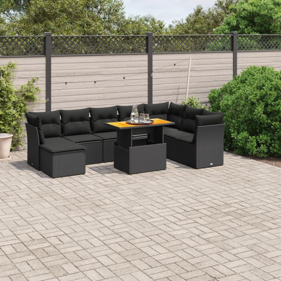 vidaXL 9-delige Loungeset met kussens poly rattan zwart afbeelding 1
