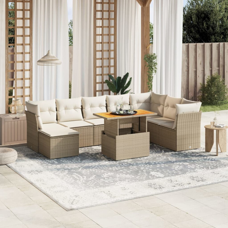 vidaXL 9-delige Loungeset met kussens poly rattan beige afbeelding 1