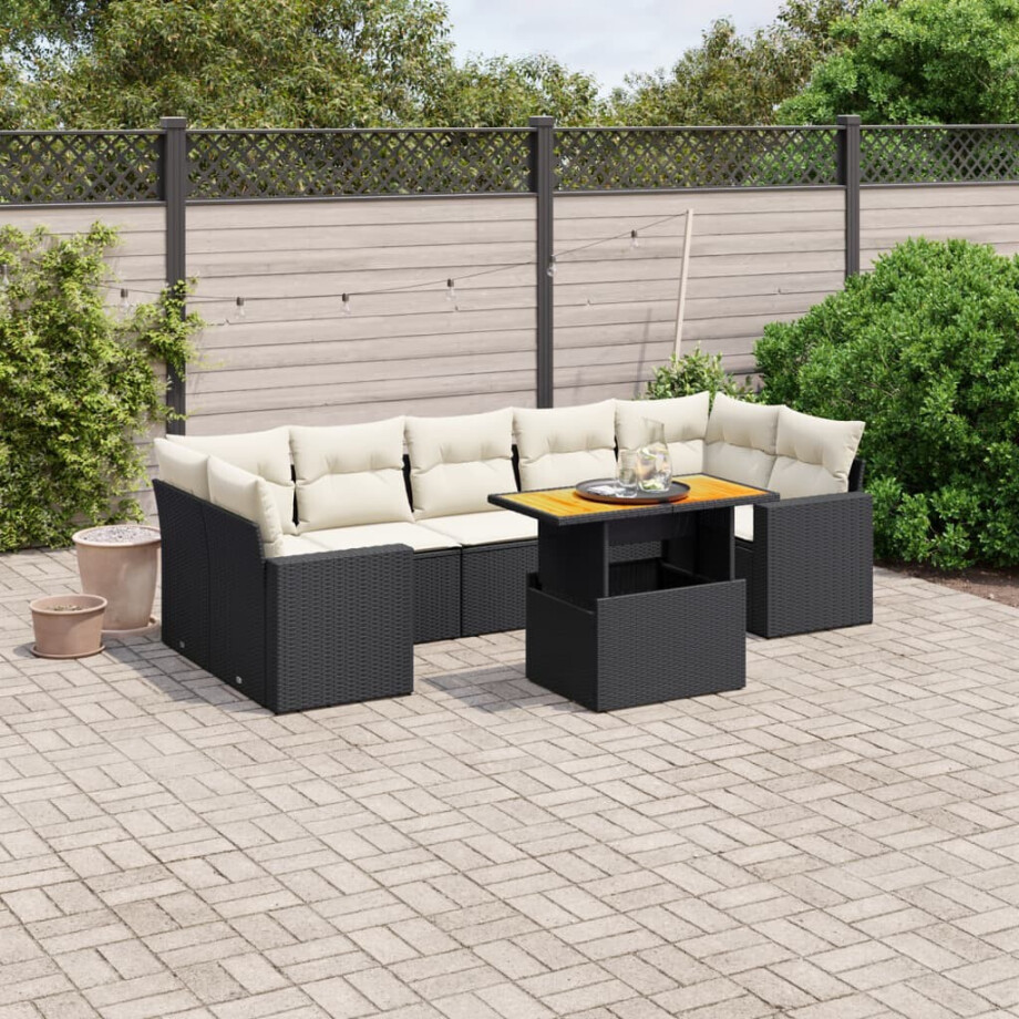 vidaXL 8-delige Loungeset met kussens poly rattan zwart afbeelding 1