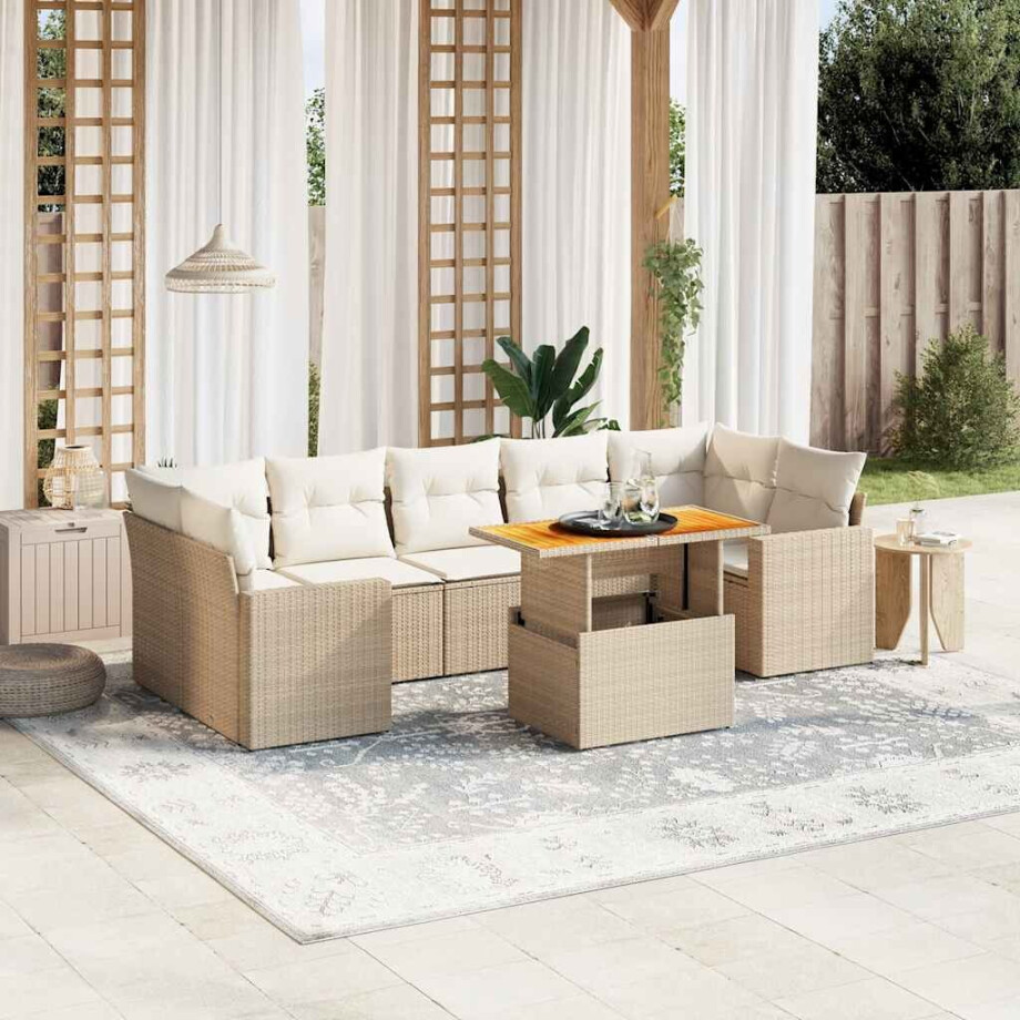 vidaXL 8-delige Loungeset met kussens poly rattan beige afbeelding 1