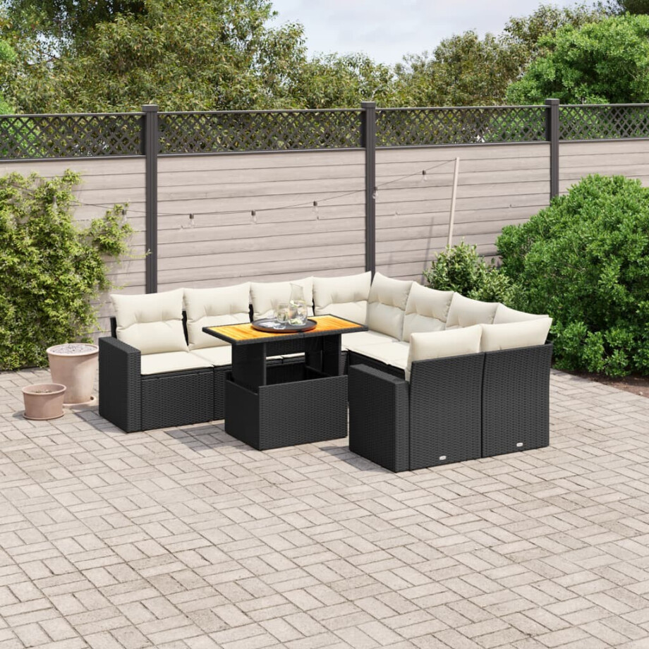 vidaXL 9-delige Loungeset met kussens poly rattan zwart afbeelding 1