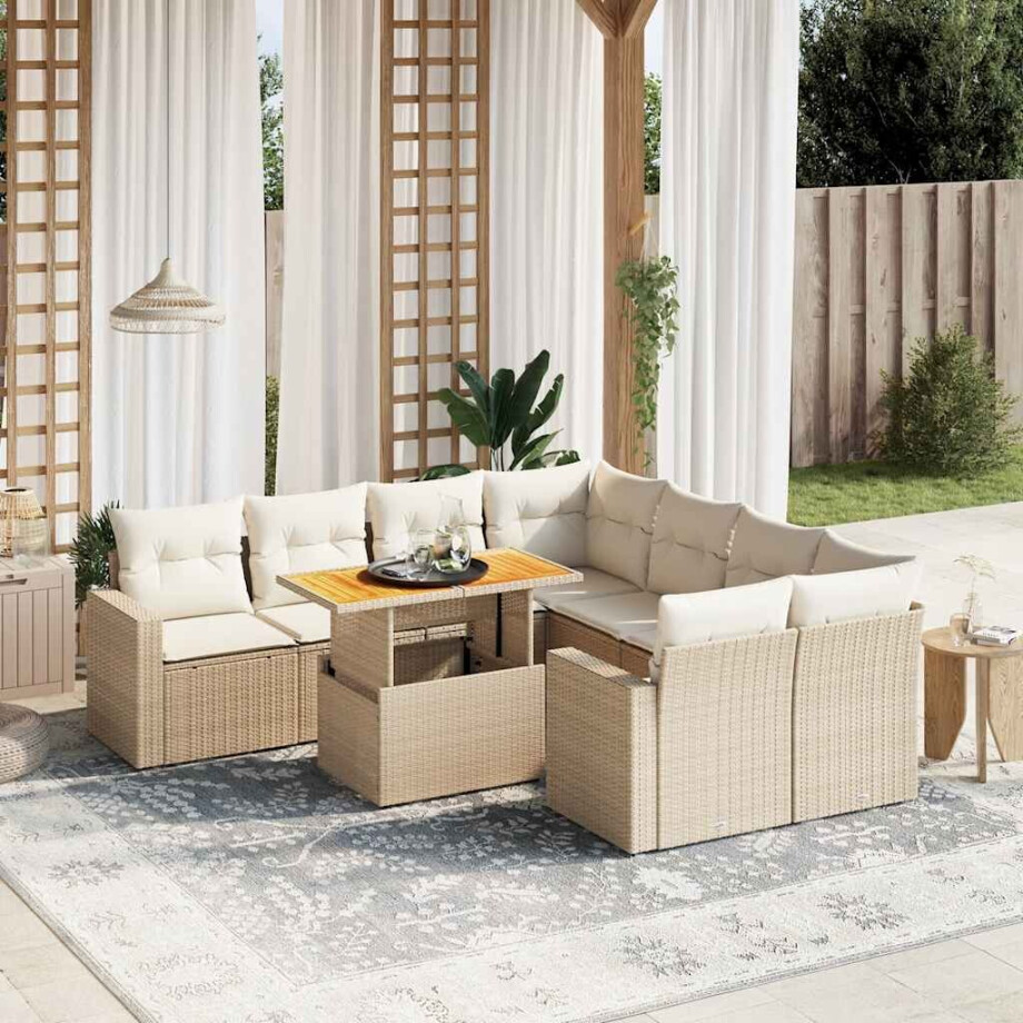 vidaXL 9-delige Loungeset met kussens poly rattan beige afbeelding 1