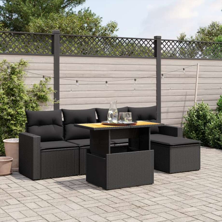 vidaXL 6-delige Loungeset met kussens poly rattan zwart afbeelding 1