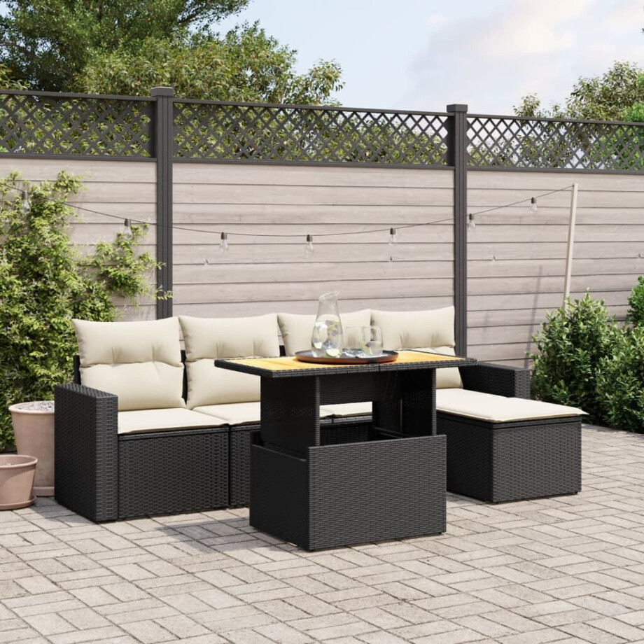 vidaXL 6-delige Loungeset met kussens poly rattan zwart afbeelding 1