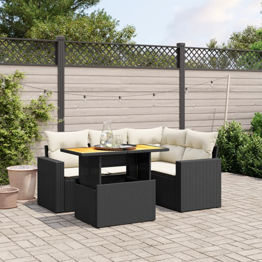 vidaXL 5-delige Loungeset met kussens poly rattan zwart afbeelding 1