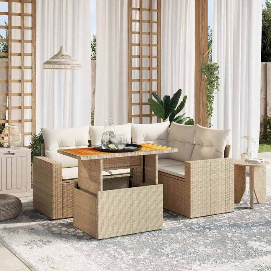 vidaXL 5-delige Loungeset met kussens poly rattan beige afbeelding 1